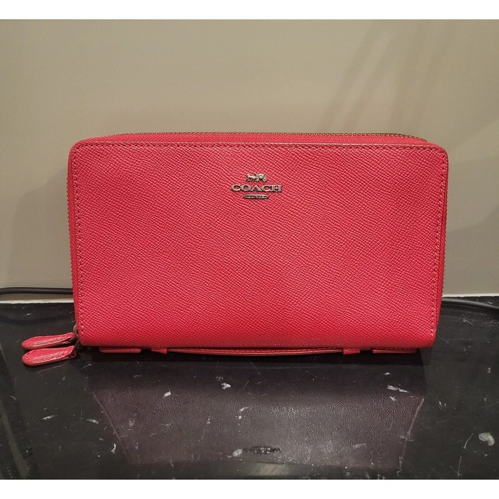 Coach Crossgrain Leather Double Zip Travel Wallet In Red New